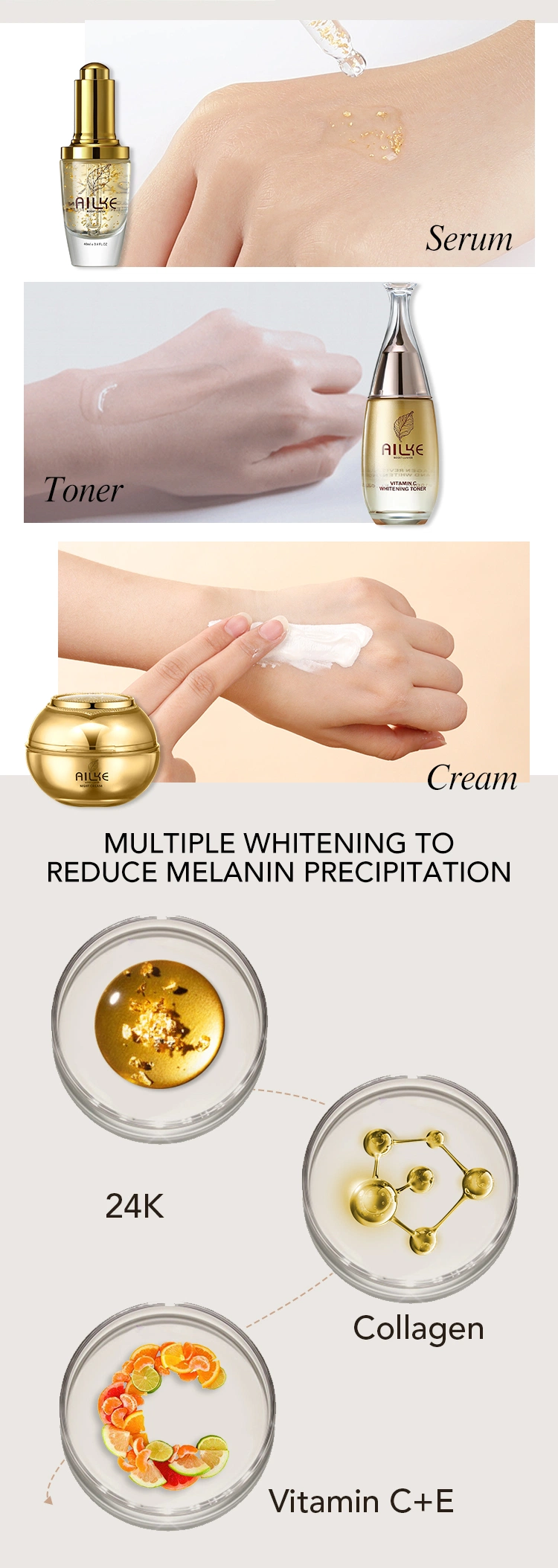 Ailke Whitening 24K Collagen Cream Beauty Facial Cleanser Toner and Serum 5 Sets Cosmetics Skin Care Products